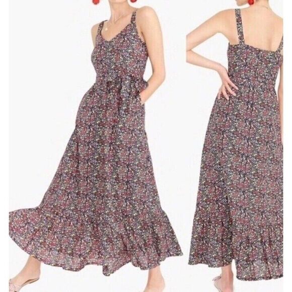 J. Crew Tiered Floral Waist Tie Maxi Dress Blue Linen Ruffle CottageCore sz 00 - Picture 1 of 7